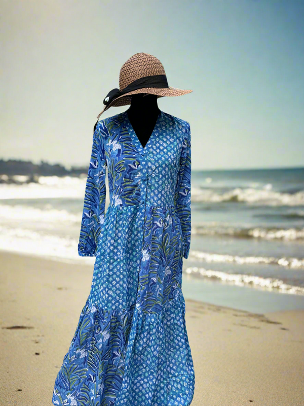 Blue and White floral Cotton Block Print Duster/Maxi Dress