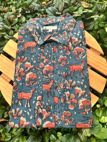 Cotton short sleeve Dabu Shirt  Blue