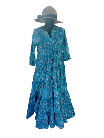 Green and Grey Cotton Block Print Long/Maxi Dress.