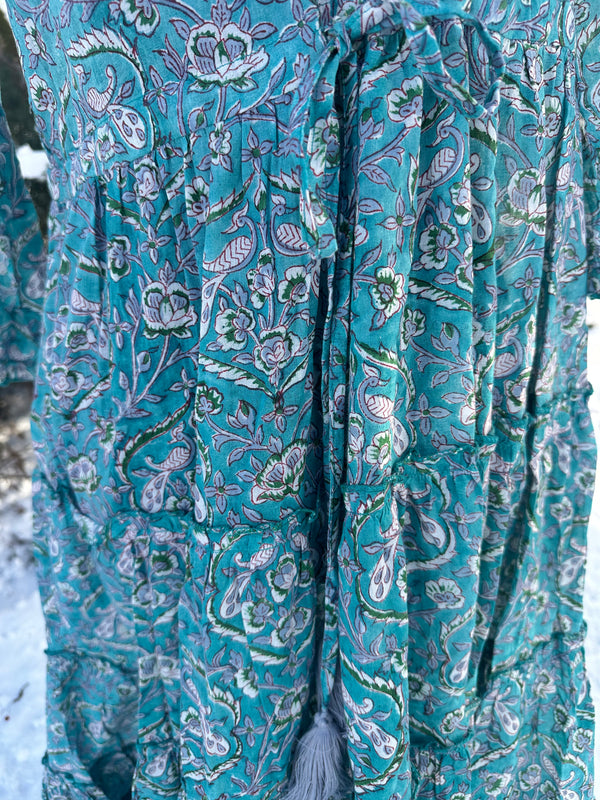 Green and Grey Cotton Block Print Long/Maxi Dress.