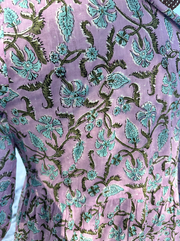 Lavender with blue Cotton Block Print Long/Maxi Dress.