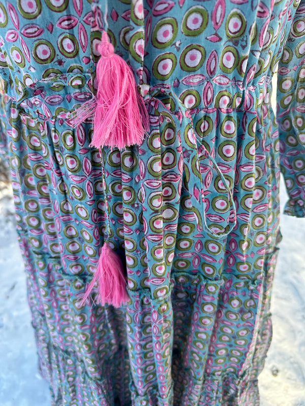 Blue with Pink Cotton Block Print Long/Maxi Dress.