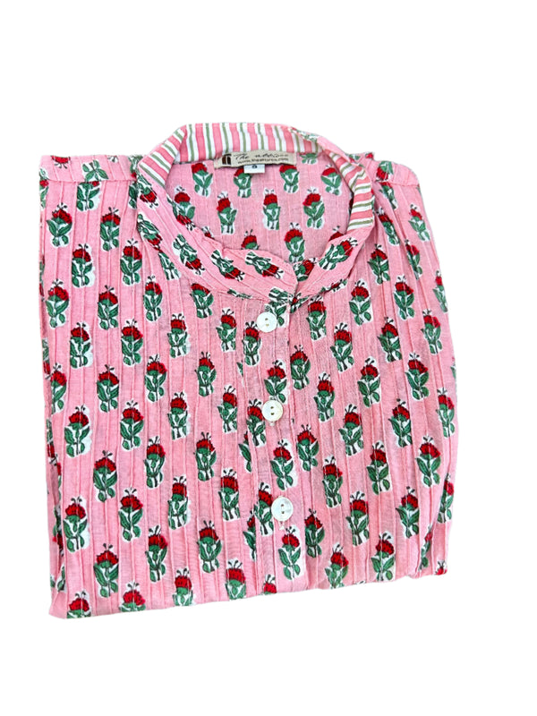 Pink wih Red flowers  Cotton Block Print Pintuck Top