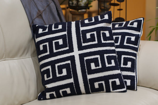 Set of handmade pillow covers in blue thread work geometric pattern