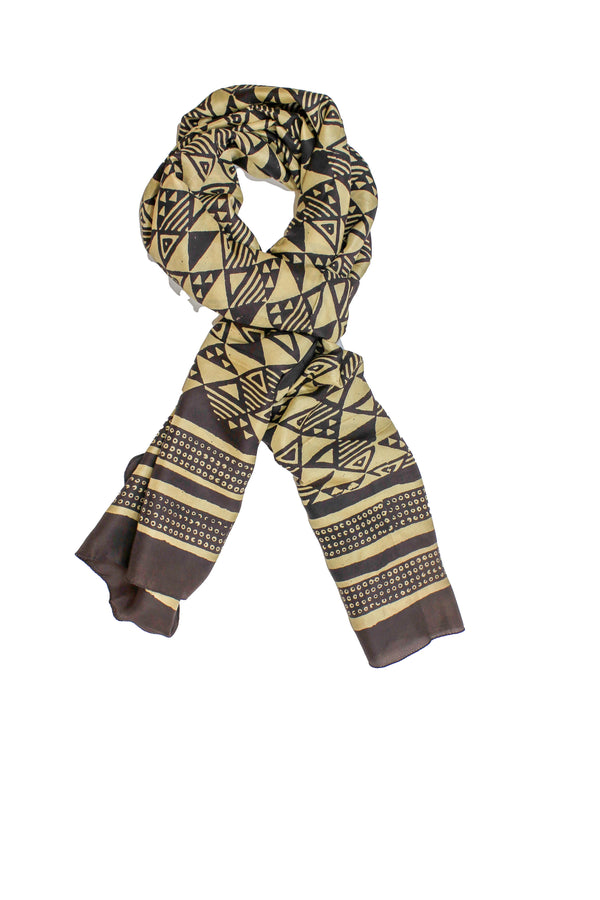 Unique hand block print silk scarf geometric pattern in brown and beige made with natural dyes