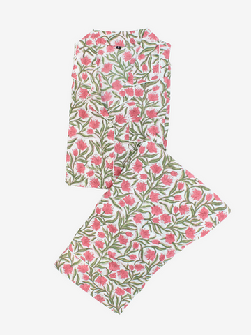 Cotton Pajamas-White with Pink Floral Print