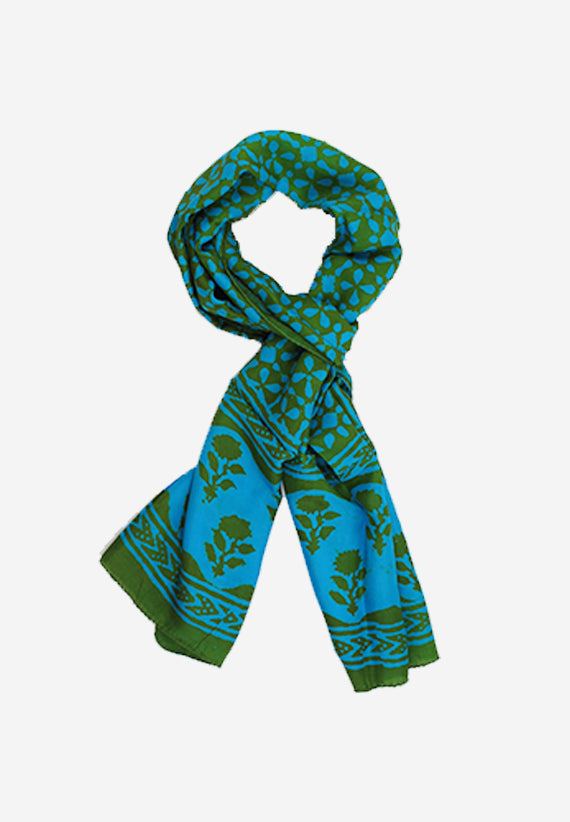 Beautiful hand block print silk scarf floral print in in stunning sea green made with natural dyes