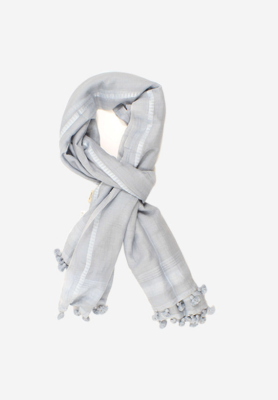 Soft handspun cotton scarf in grey with hand tied pompom tassels