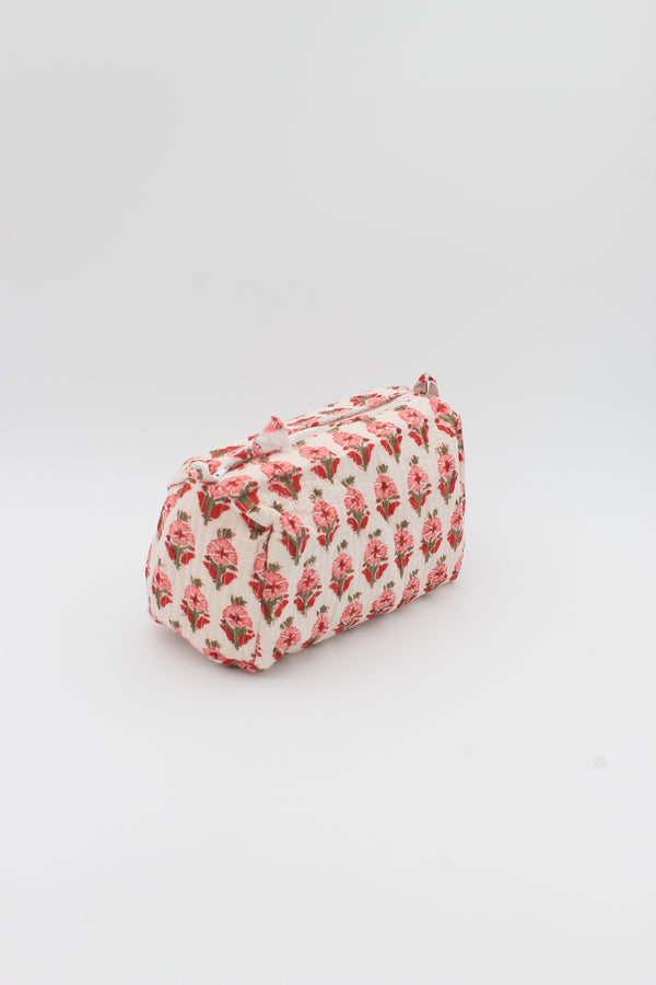 Cotton hand-block make up bag with two inside pockets in  white with pink small floral print.