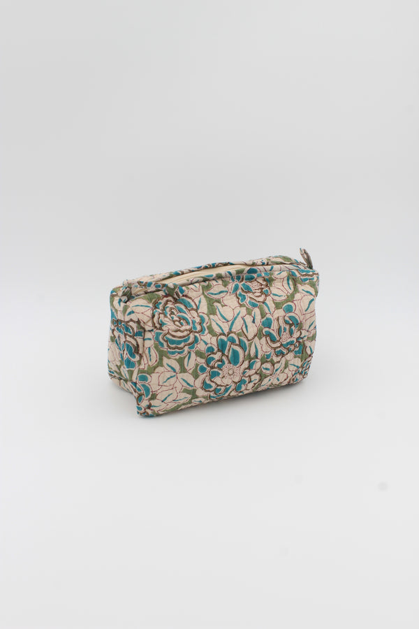 Cotton hand-block make up bag with two inside pockets in  white with green floral print.