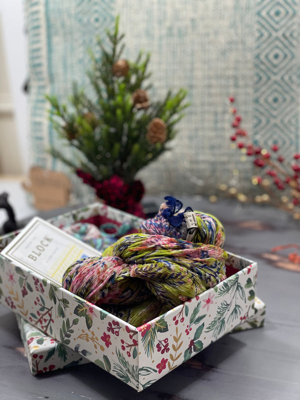 Ready to ship beautiful gift box with a handmade cotton bag and chiffon hand-block scarf