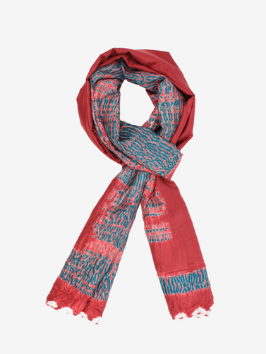 Shibori Silk handmade Red and Teal Jewel tone scarf